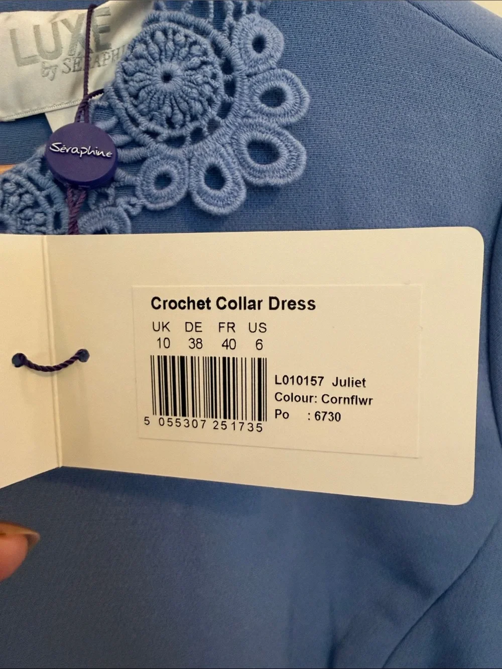 New NWT LUXE by Seraphine Juliet Crochet Collar Maternity Dress Cornflower